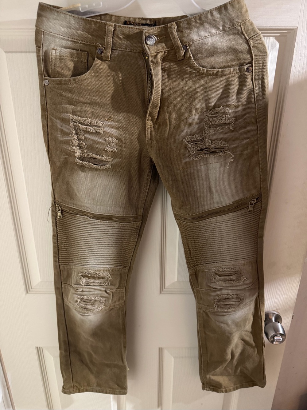 Denim & Rivets Men's Moto Biker Jeans Distressed Ripped Panels Khaki Tan Stretch